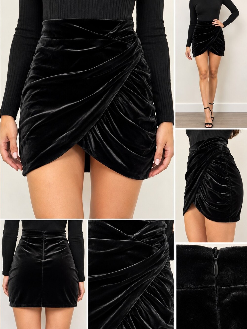 House of CB Edwina Black Gathered Velvet Mini Skirt XS